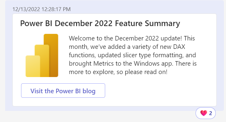 An adaptive card for Power BI blog announcements