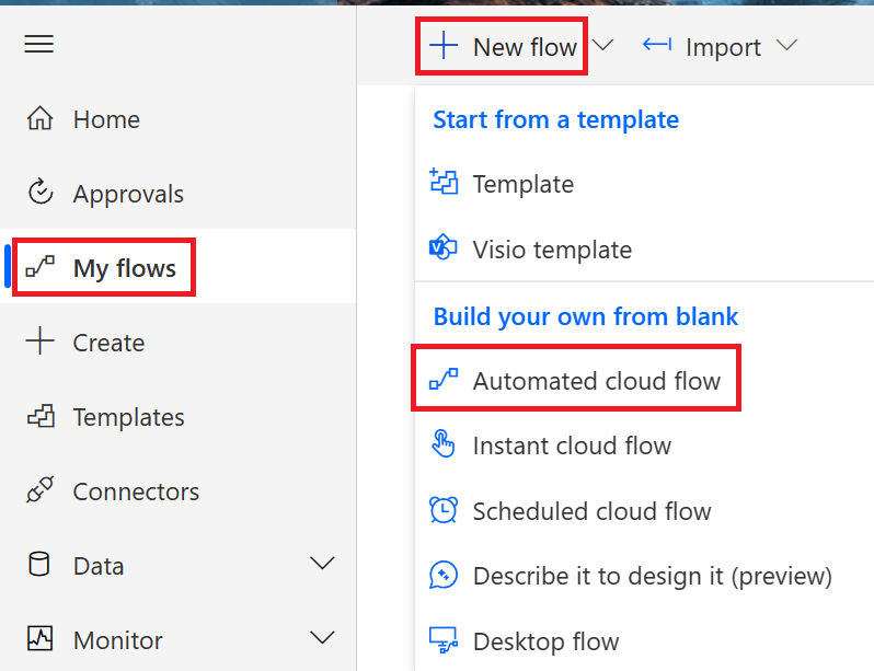 Creating a New flow within Power Automate