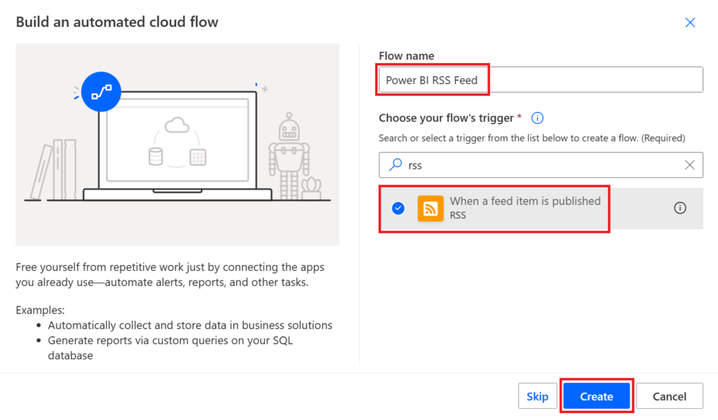 The Build an automated cloud flow window with the RSS trigger