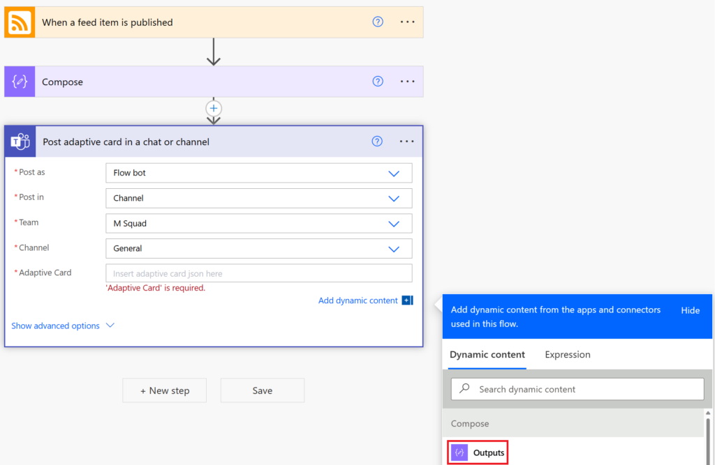 Adding dynamic content to the post adaptive card action