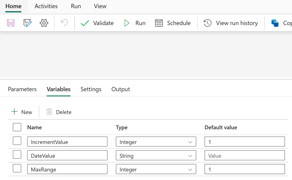 Creating variables within Data Factory's data pipeline.
