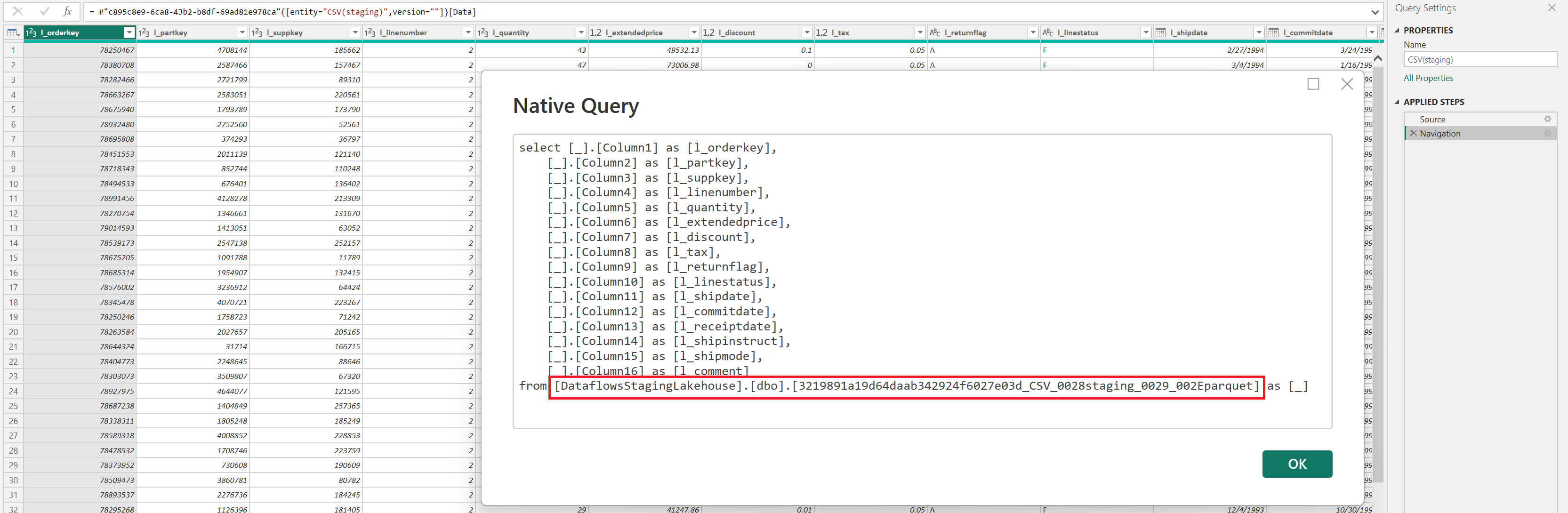 An image showing the native query when connecting to a dataflow that does not have a destination configured.
