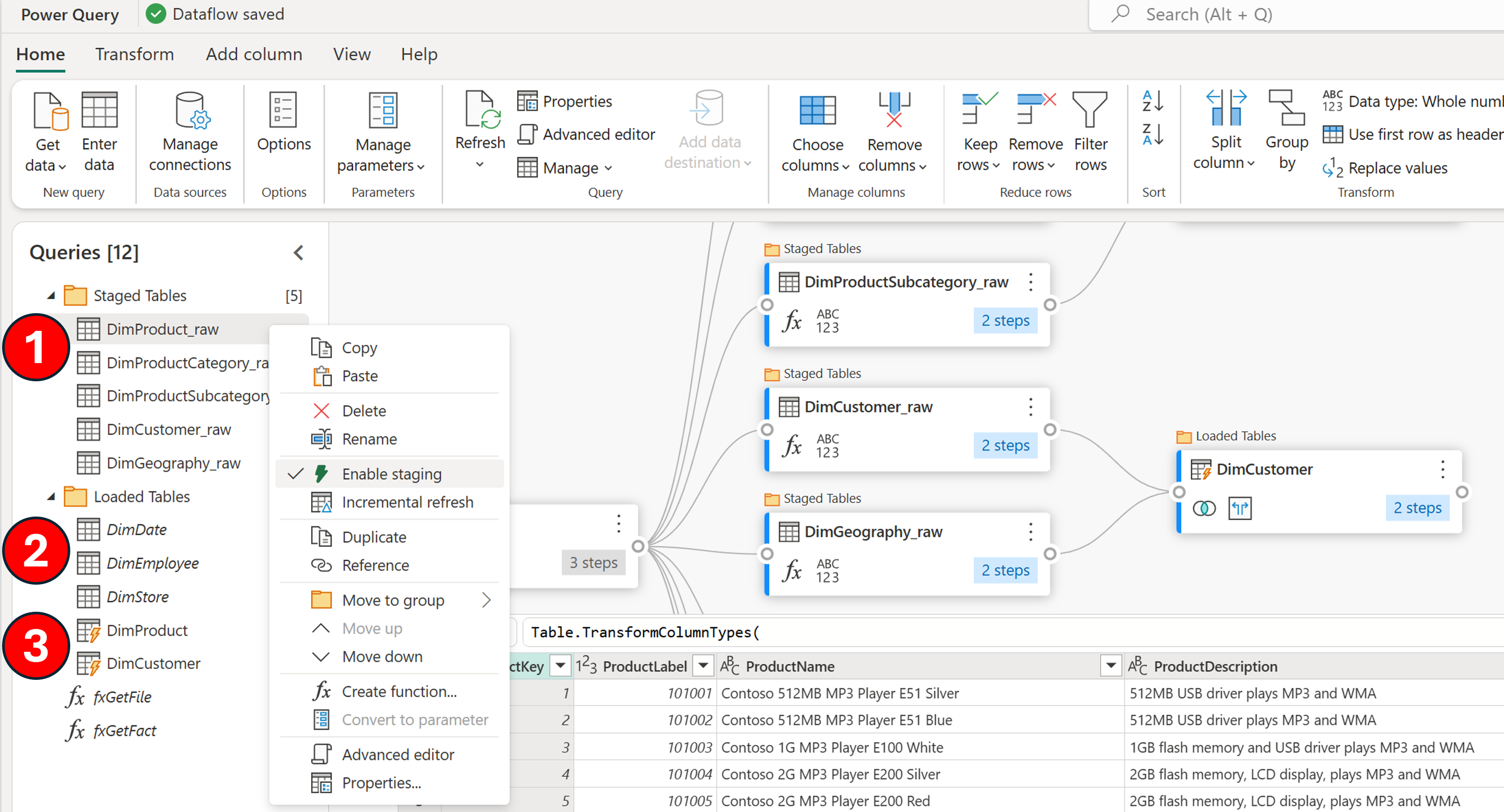 An image outlining the Power Query Online editor and various queries - either staged or not staged.