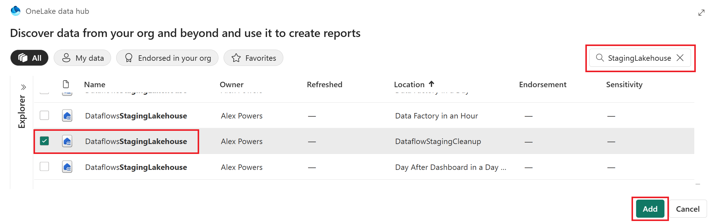 An image of the OneLake data hub window, with items filtered that contain the text StagingLakehouse.