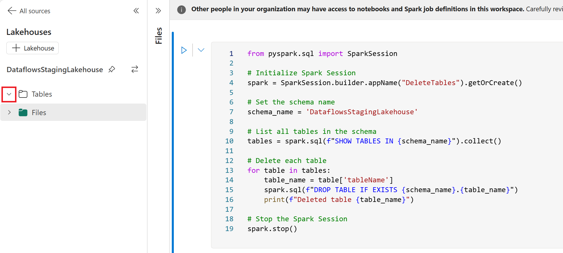 An image displaying the empty Lakehouse tables section after cleaning up excess tables.