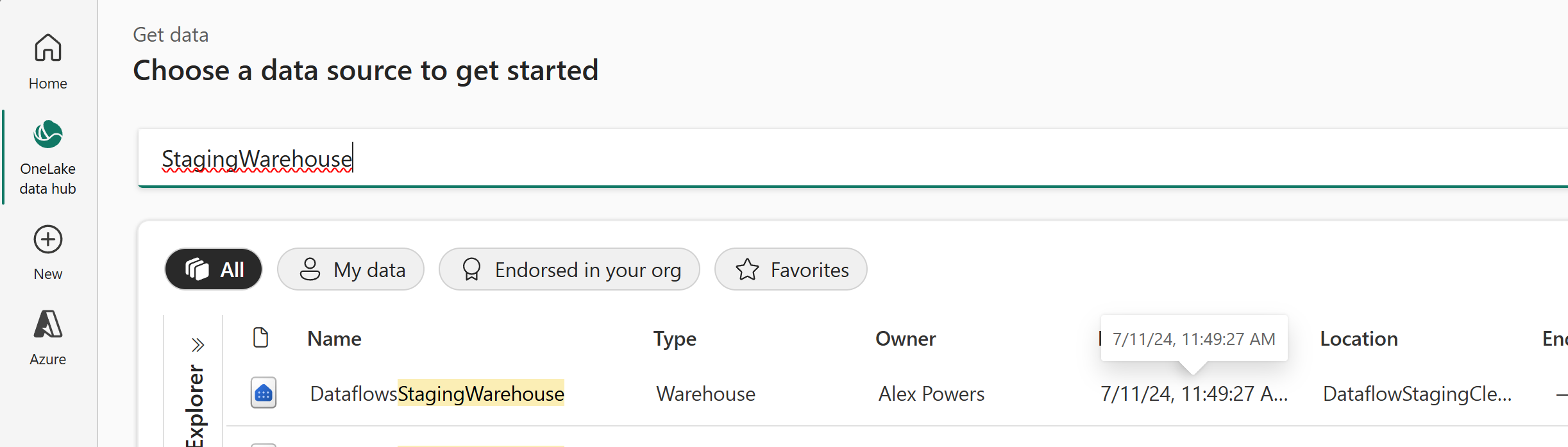 An image displaying the DataflowsStagingWarehouse within the OneLake data hub explorer.