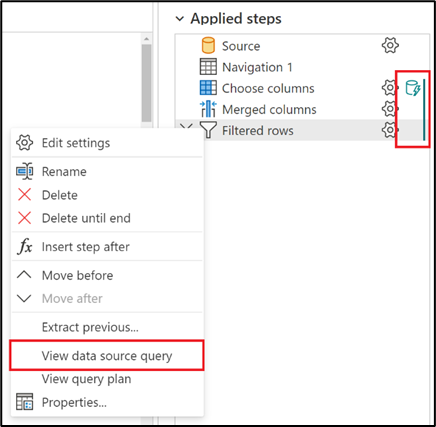 Folding indicator icon spanning multiple steps and the View data source query option