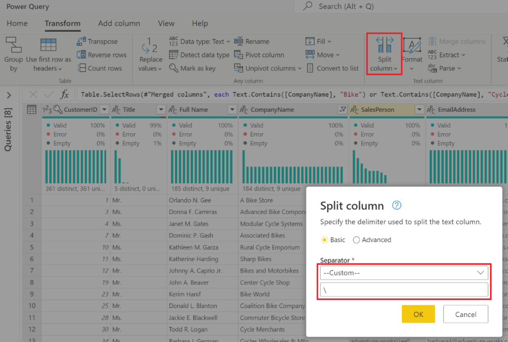 Split columns dialog window, separating a columns value by the backslash character