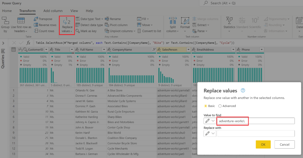 Replace values option from the ribbon