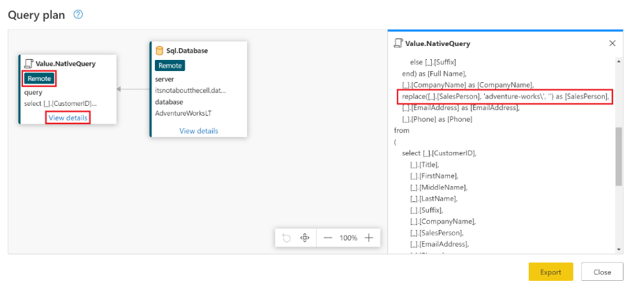 Query plan dialog window and the Native Query that has now been generated