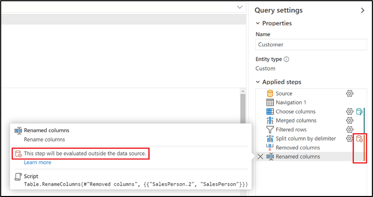 A not folding indicator within the Applied steps list