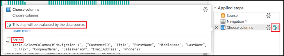 Step name, folding indicator and script step information displayed on hover from the Applied steps list