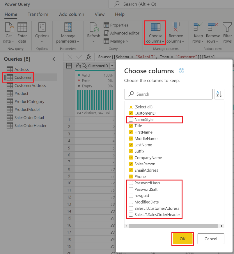 The Choose columns dialog box, with columns disabled.