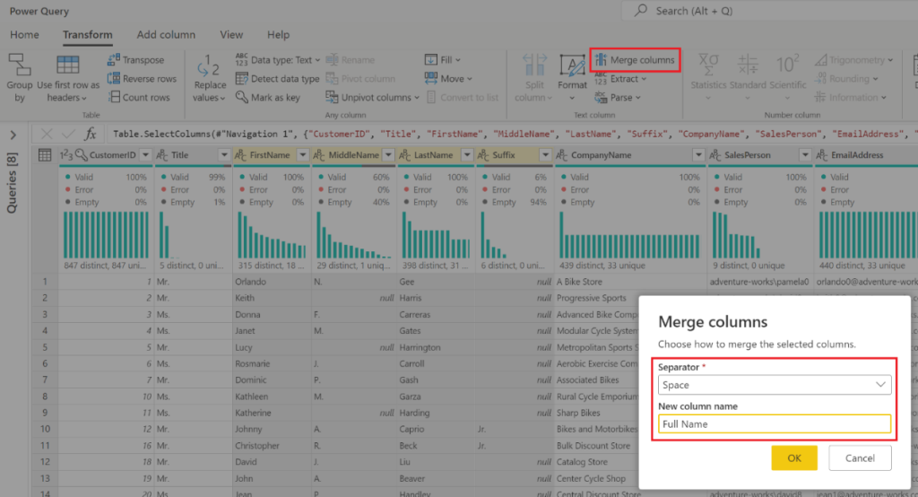 Merge columns dialog box to concatenate multiple fields into a full name