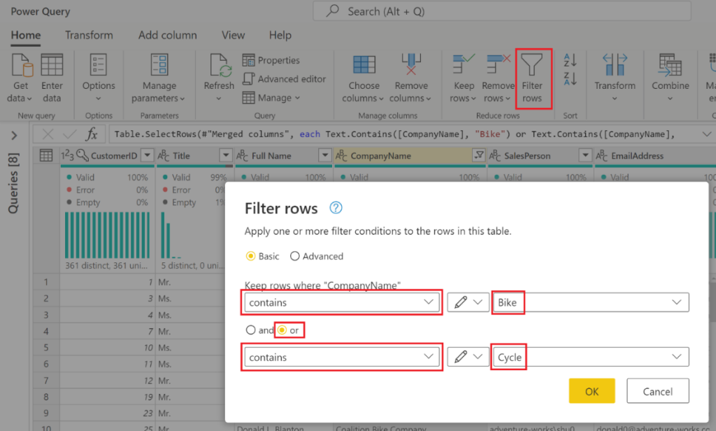 Filter rows dialog box, to find rows where Bike or Cycle are present within text