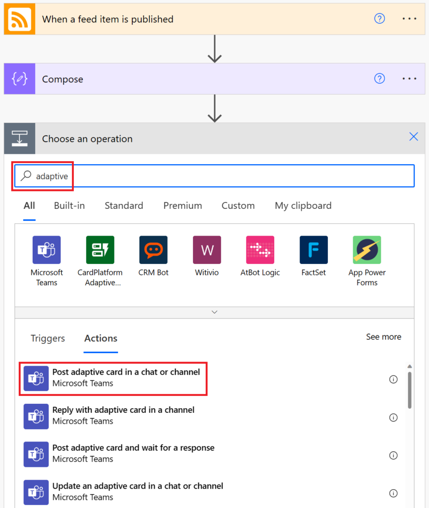 Selecting the Post adaptive card in a chat or channel (Microsoft Teams) action