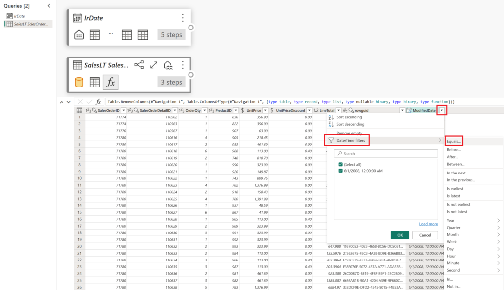 Selecting equals to for a date range filter with Data Factory's Dataflow Gen2.