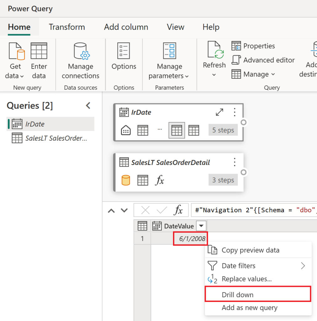 Setting a drill down value with Data Factory's Dataflow Gen2.