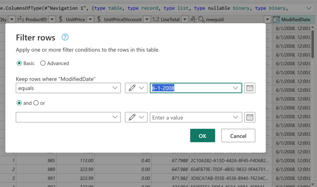 Setting a date range filter with Data Factory's Dataflow Gen2.