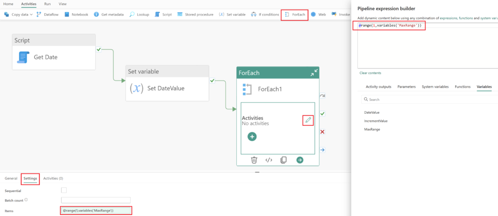 Expression builder for the ForEach activity within Data Factory's data pipeline.