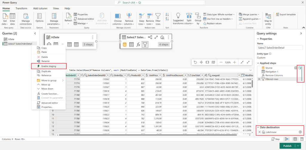 Disable staging with Data Factory's Dataflow Gen2.