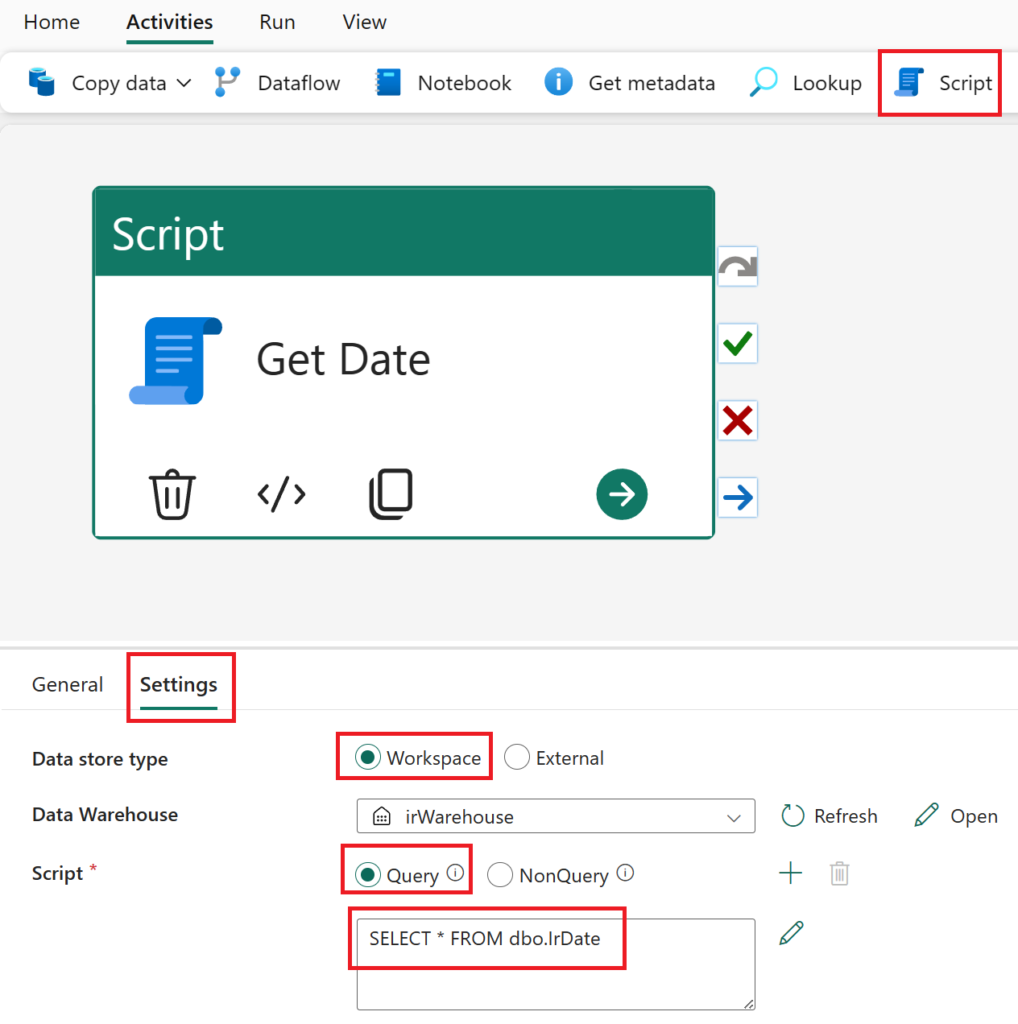 Script activity within Data Factory's data pipeline.