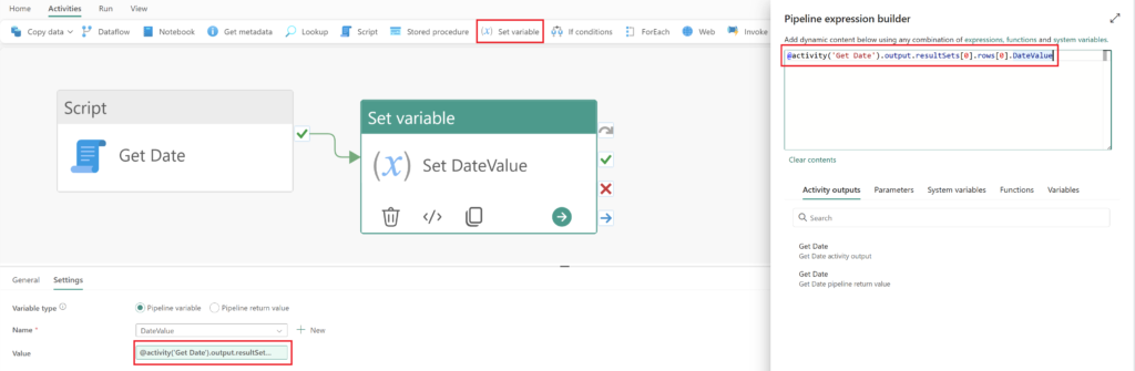 Expression builder for set variable activity within Data Factory's data pipeline.