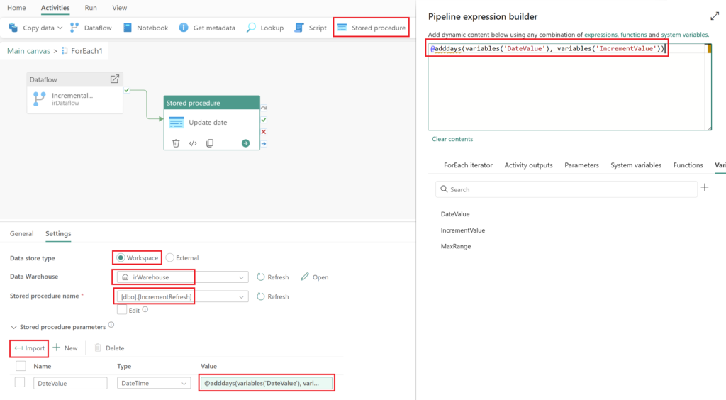 Expression builder for stored procedure activity within Data Factory's data pipeline.