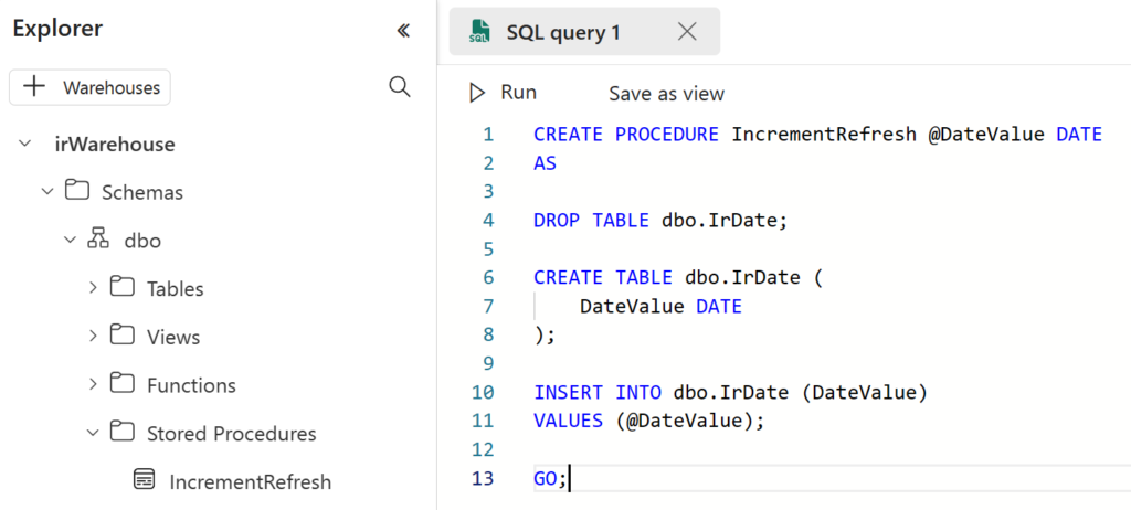 Creating a stored procedure within Synapse Engineering's datawarehouse.